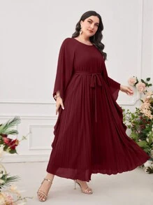 Modelyn Burgundy Red Plus Solid Pleated Belted Dress - Burgundy - View 3