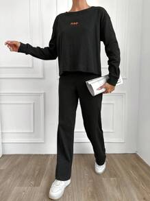 SHEIN Cottnline Letter Graphic Drop Shoulder Tee & Pants PJ Set - Dark Grey - View 5