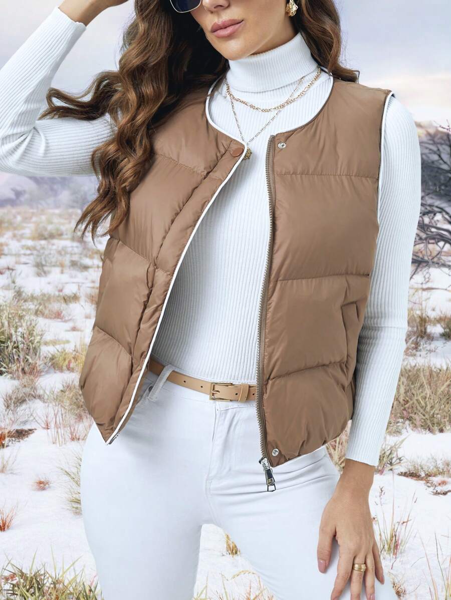 SHEIN LUNE Doudoune Sans Manches Zippé - Kaki - Voir 1