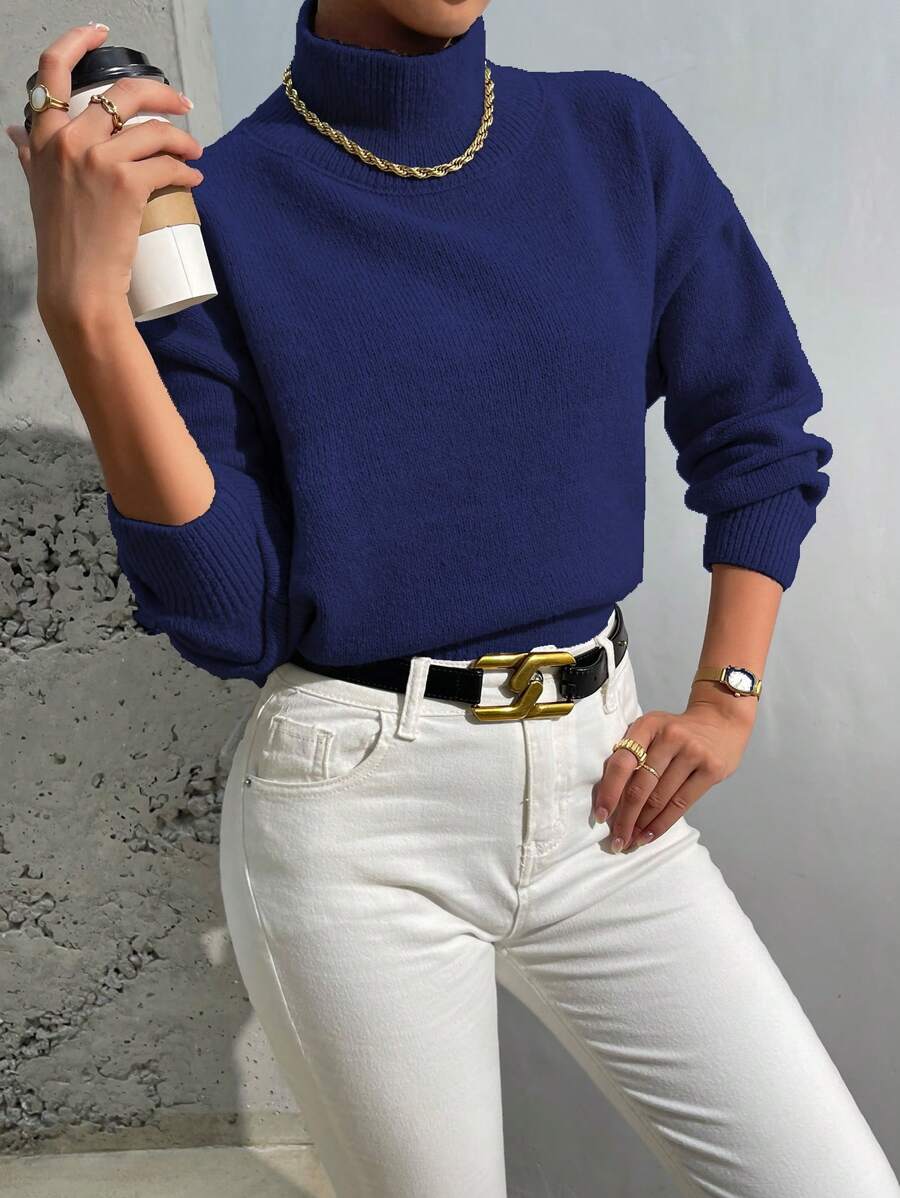 SHEIN Essnce Cổ cao Thả vai Áo len - Xanh đậm - Xem 1