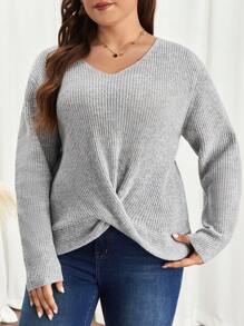 SHEIN Frenchy 秋冬加大扭纹下摆落肩毛衣 - 灰色 - 查看 4