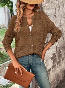 SHEIN LUNE 1pc Pointelle Knit Raglan Sleeve Cardigan,Long Sleeve Tops In Fall/Winter