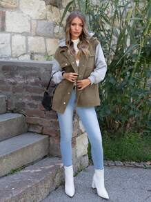 SHEIN LUNE Two Tone Flap Pocket Drop Shoulder Hooded Coat