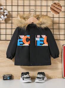 SHEIN Đứa bé trai Đồ họa Chữ cái Lót Teddy Trang trí Fuzzy Áo trùm đầu - Nhiều màu - Xem 3