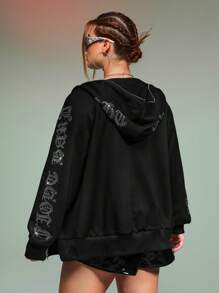 SHEIN ICON 加大码水钻字母图案拉链卫衣 - 黑色 - 查看 5