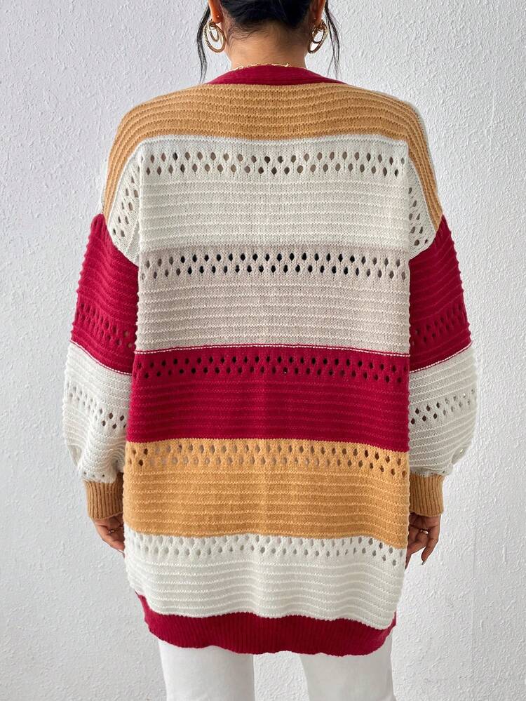 Colorblock Drop Shoulder Pointelle Knit Duster Cardigan