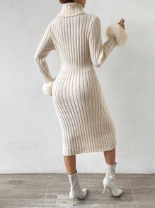 SHEIN Privé 高領毛茸茸袖口毛衣洋裝不附腰帶 - 杏色 - 查看 2