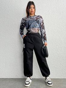 SHEIN EZwear Plus Marble Print Mock Neck Mesh Bodysuit Without Bra