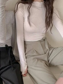 DAZY Chất rắn Cổ giả Ren Mộc nhĩ Áo - trắng - Xem 6