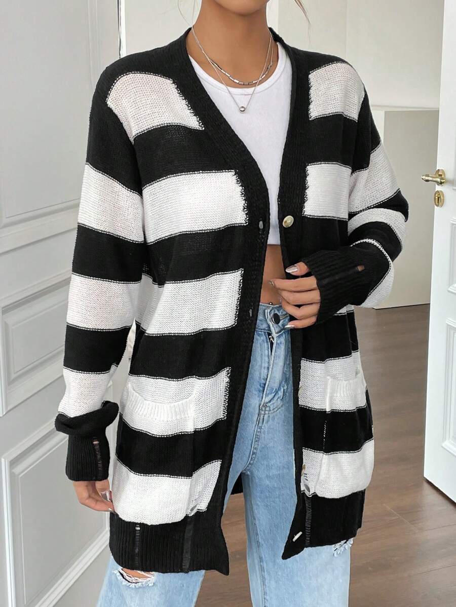 Flirla Two Tone Dual Pocket Cardigan - Black and White - View 1