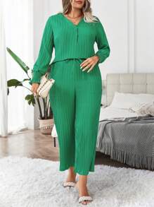 Calvaya 大碼木耳邊上衣&闊腿褲 - 綠色 - 查看 5