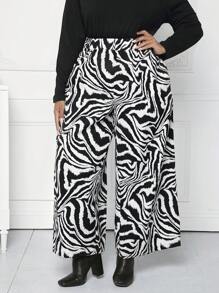 SHEIN CURVE+ 大碼斑馬條紋闊腿褲 - 黑與白 - 查看 1