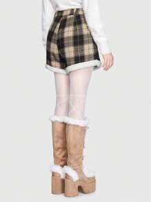ROMWE Kawaii Plaid Pattern Teddy Panel Shorts - Multicolor - View 4