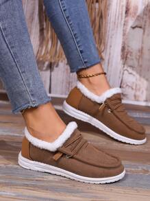 女秋冬時尚低胸保暖厚襯平跟繫帶休閒雪靴 - 棕色 - 查看 1