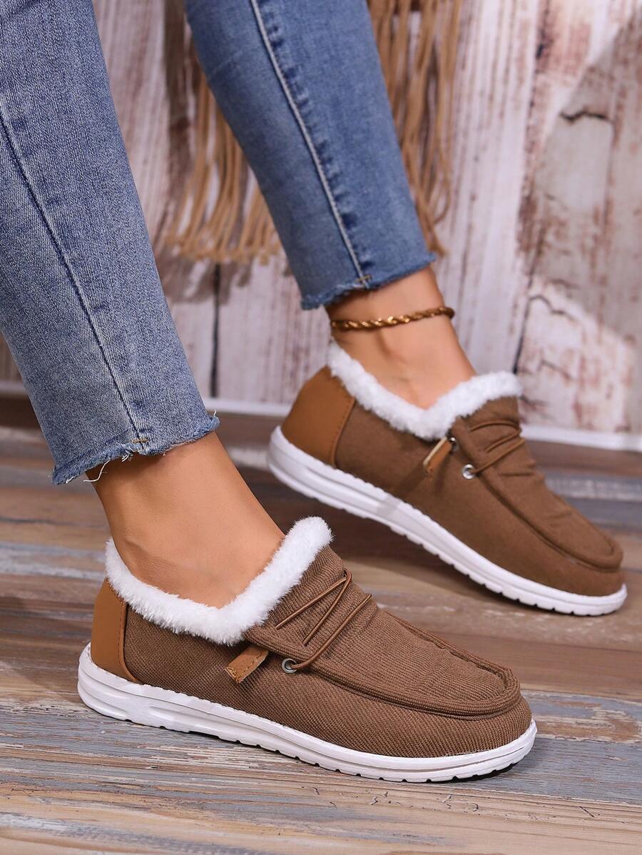 女秋冬時尚低胸保暖厚襯平跟繫帶休閒雪靴 - 棕色 - 查看 1