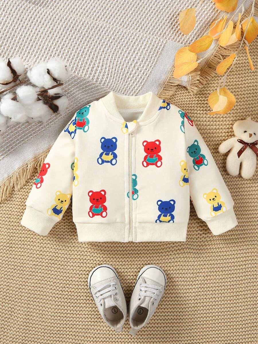 SHEIN Baby Boy Bear Print Zip Up Bomber Jacket - Multicolor - View 1