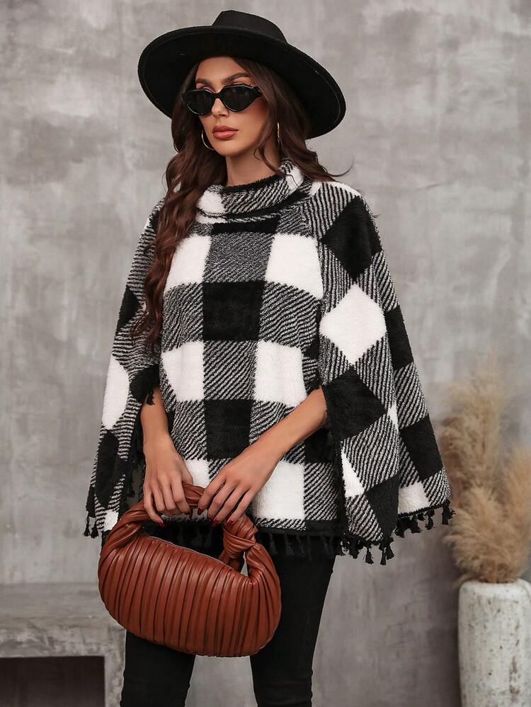 Buffalo Plaid Print Tassel Trim Cape Coat Fall Cloth For Women