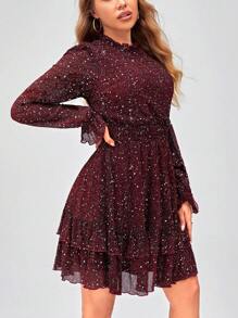 SHEIN Frenchy Flare Sleeve Ruffle Hem Dress Christmas - Burgundy - View 6