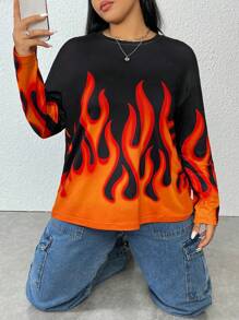 SHEIN Coolane 大碼火圖案落肩T恤 - 黑色 - 查看 5