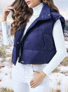 SHEIN LUNE 拉鏈開襟按扣羽絨背心大衣 - 藏蓝色 - 查看 4