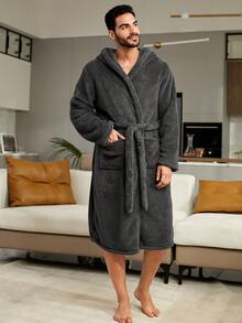 Hombres 1 pieza Bata con cinturón con capucha de peluche - Gris Oscuro - Ver 4