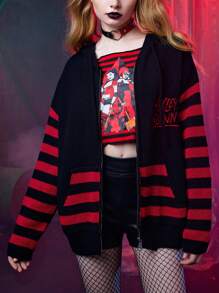 Harley Quinn | ROMWE Cardigan righe & motivo lettera spalle cadenti con zip con cappuccio - Multicolore - Visualizzare 6