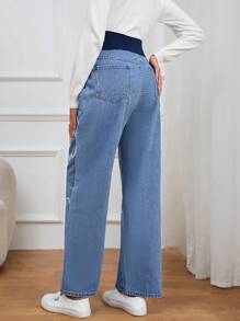 SHEIN 孕婦表情圖案可調節腰圍闊腿牛仔褲 - 中等水洗藍 - 查看 2
