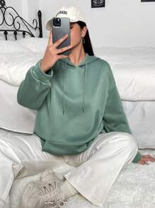 Flirla Plus Size Kangaroo Pocket Drop Shoulder Drawstring Sweatshirt - Green - View 7