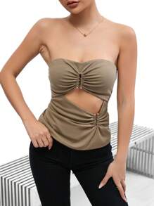 GENKIRA Top bandeau con abertura fruncido - Caqui - Ver 1