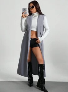 SHEIN Unity Lapel Neck Sleeveless Belted Longline Overcoat - Grey - View 5
