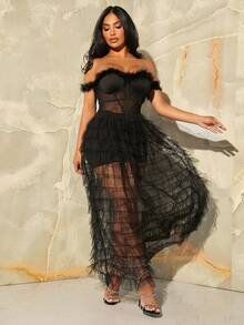 SHEIN SXY 一字肩毛茸邊網紗覆蓋洋裝 - 黑色 - 查看 5