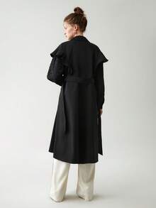 Anewsta Viền Ruffle Nút phía trước Áo khoác Trench - màu đen - Xem 6
