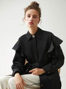 Anewsta Viền Ruffle Nút phía trước Áo khoác Trench - màu đen - Xem 2