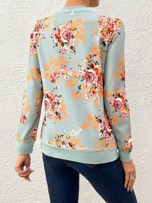 SHEIN LUNE Floral Print Round Neck Sweatshirt - Mint Green - View 2