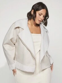 SHEIN BASICS Plus Zip Up Teddy Lined Moto Jacket - Apricot - View 6