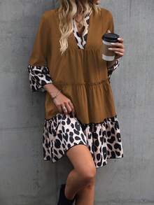 EMERY ROSE Leopard Print Flounce Sleeve Ruffle Hem Smock Dress - Brown - View 5