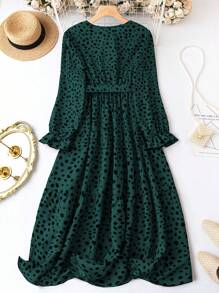 SHEIN Clasi Plus Dalmatian Print Flare Sleeve Belted Dress - Dark Green - View 2