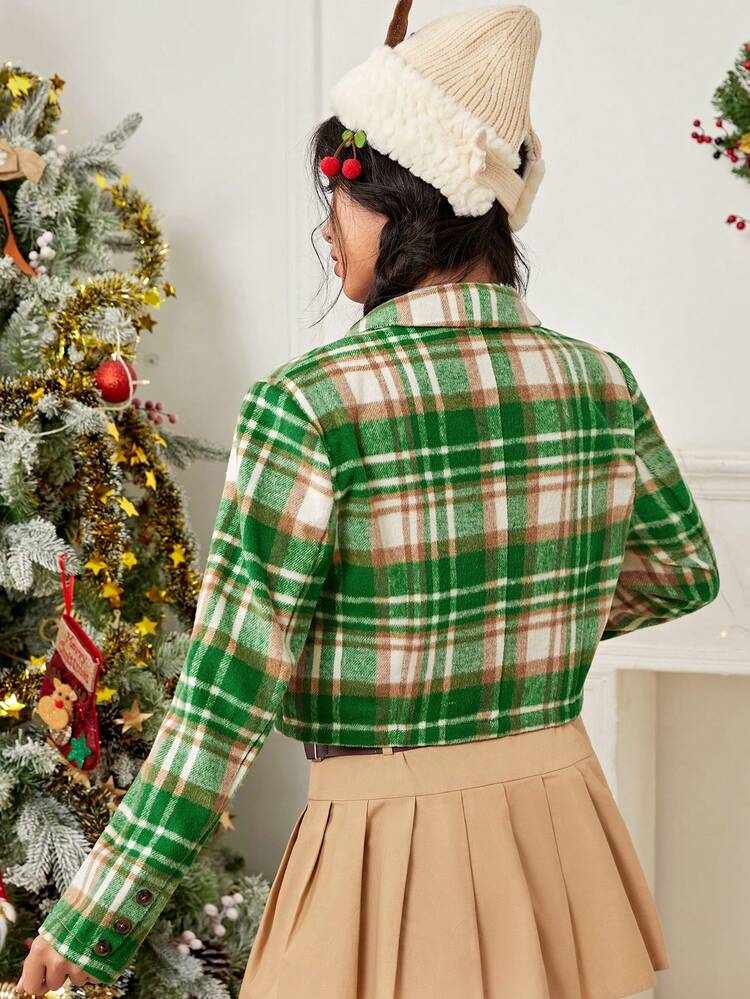 Lapel Collar Plaid Crop Blazer