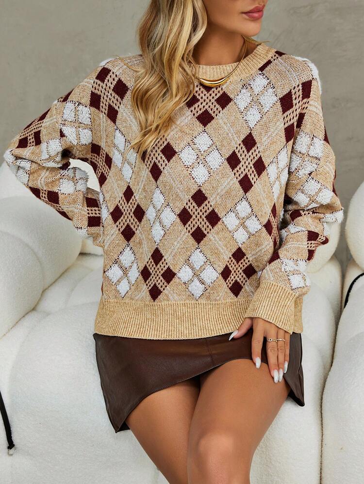 Argyle Pattern Drop Shoulder Knit Pullover Fall Winter Sweater