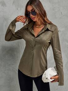 SHEIN Clasi 素色前紐扣開衩袖襯衫 - 軍綠色 - 查看 6