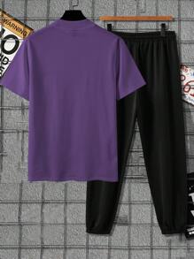 Manfinity Homme Men Letter Graphic Shirt & Drawstring Waist Sweatpants - Purple - View 2
