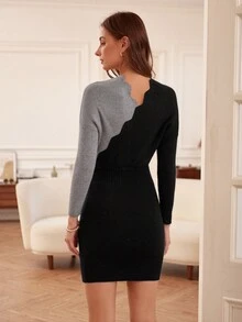 SHEIN Privé Two Tone Scallop Trim Batwing Sleeve Scallop Trim Sweater Dress - Multicolor - View 2