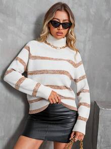 AAmilife 條紋紋高領套頭斜肩袖毛衣 - 紫紅色 - 查看 1