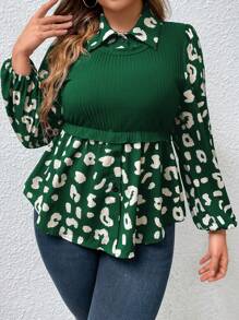 Franclia Plus Leopard Print Lantern Sleeve Peplum Top - Dark Green - View 4