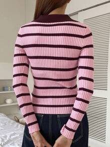 DAZY Striped Pattern Ribbed Knit Sweater,Long Sleeve Tops,Fall Clothes
