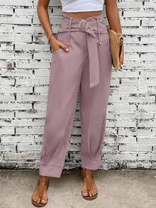 EMERY ROSE High Waist Belted Straight Leg Pants - Dusty Pink - View 6