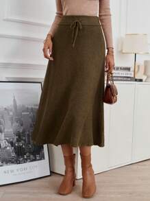 SHEIN Clasi 腰部抽繩針織短裙 - 棕色 - 查看 4