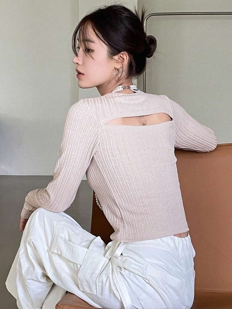 Solid Cut Out Front Tee Long Sleeve Women Tops