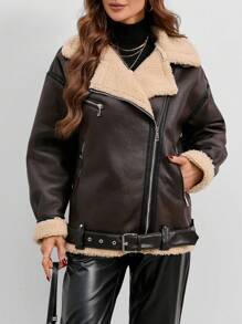 SHEIN Essnce Teddy Lined Belted PU Leather Moto Jacket - Coffee Brown - View 1