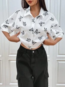 SHEIN EZwear 蝴蝶印花翻領短袖下垂肩扣短襯衫 - 白色 - 查看 5